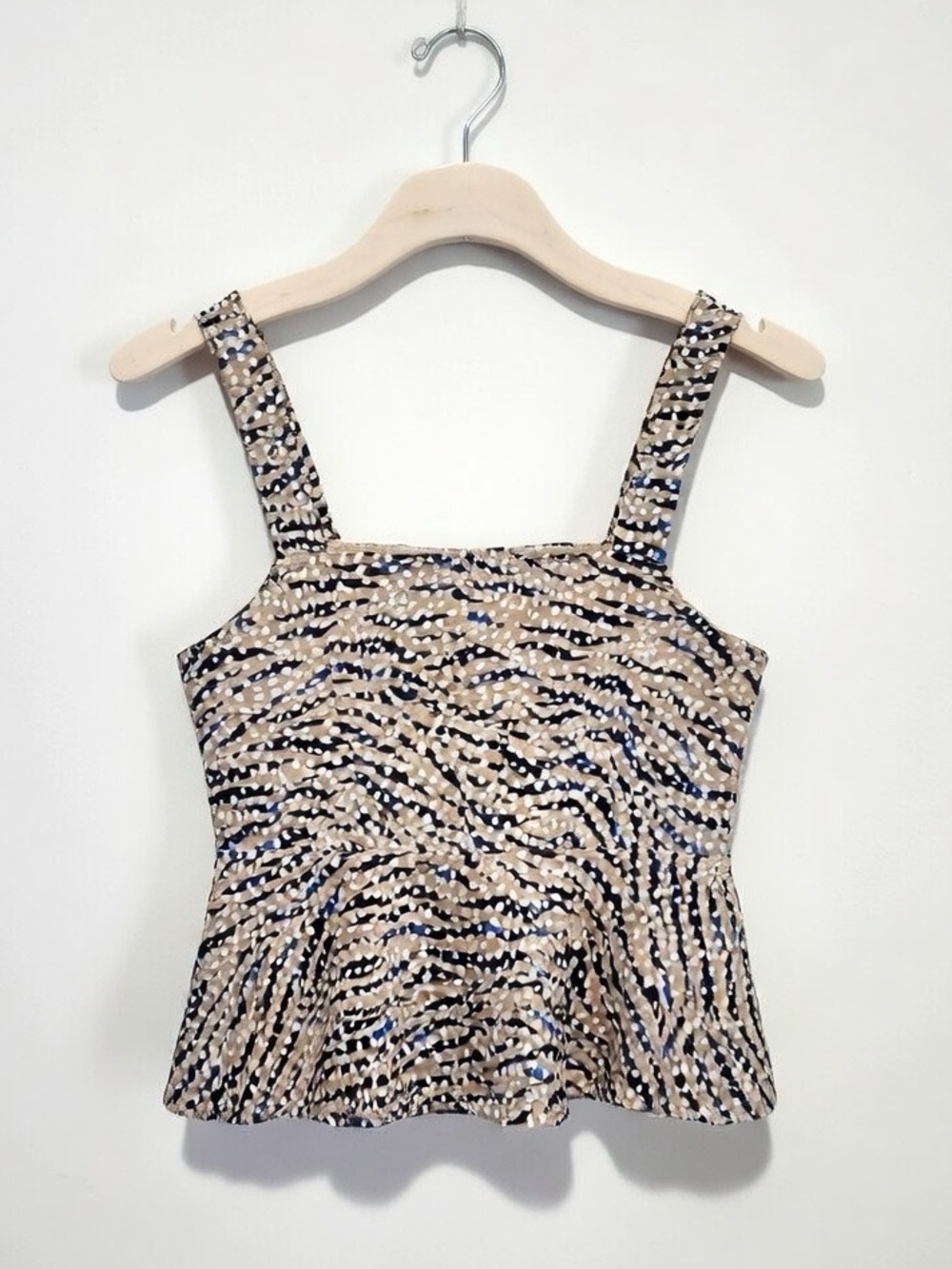HUNTER BELL Beige and Blue Polka Dot Printed Square-Neck Crop Peplum Camisole